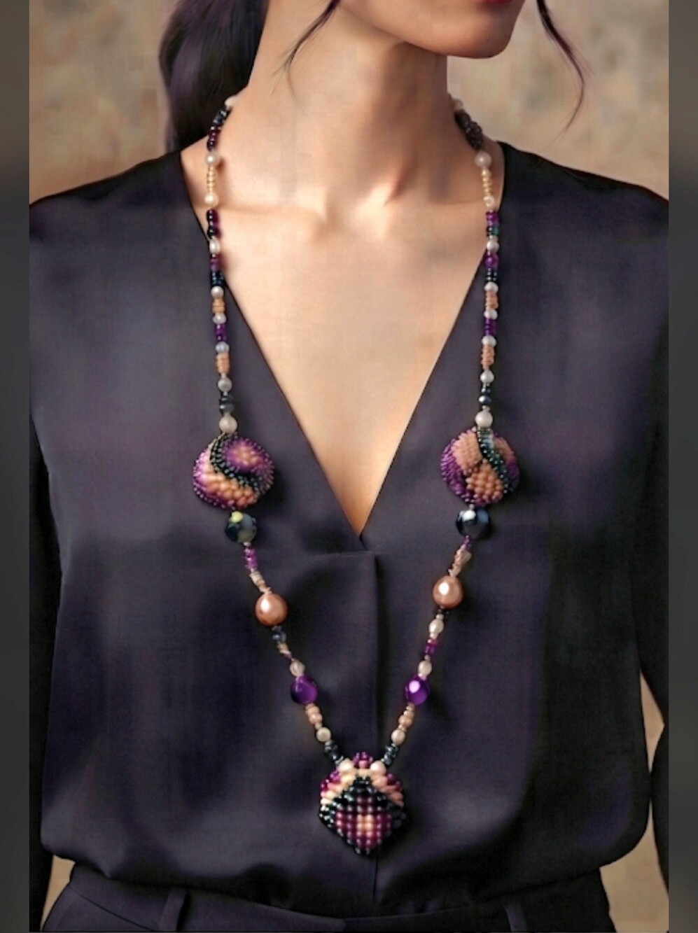 Handmade Artisan Geometric Beaded Necklace Cube Accent Beads Purple & Orange